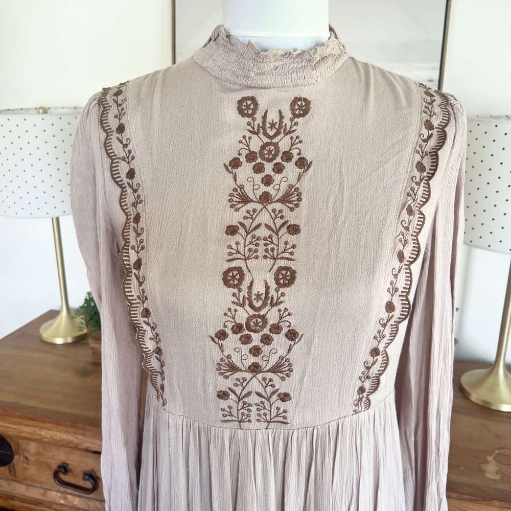 Roolee In Loom Tan Embroidered Boho Peasant Midi Dress M L - Picture 6 of 14